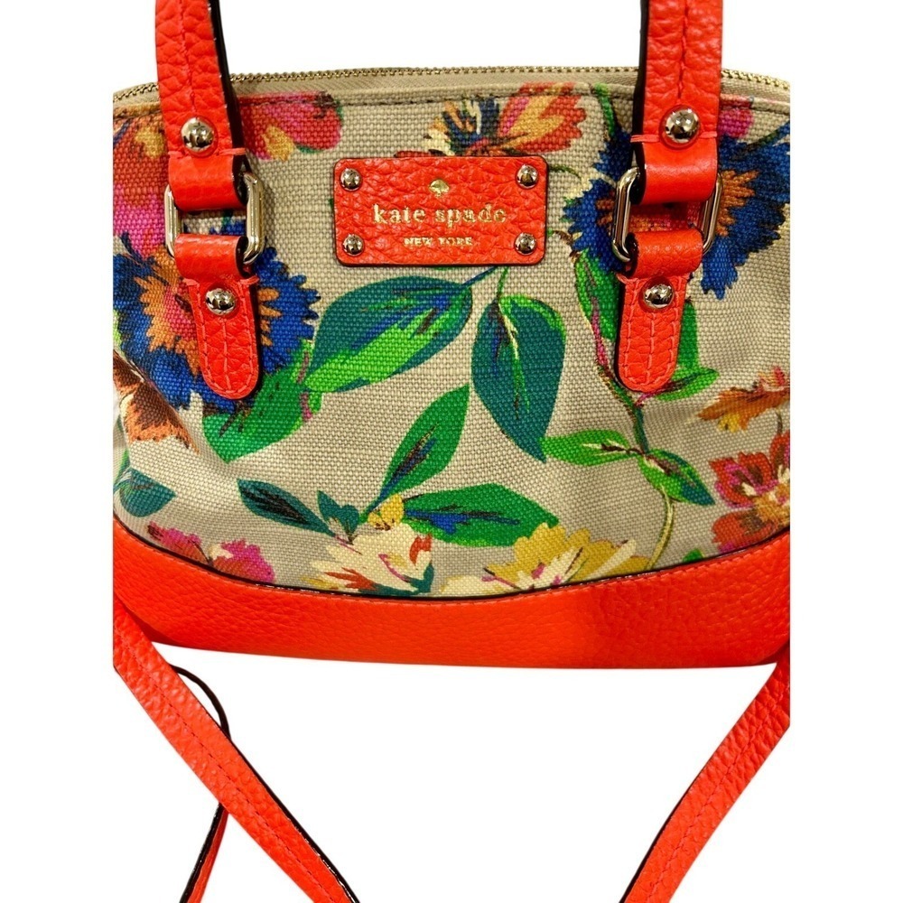 Vintage Kate Spade Grove Court 2012 Floral Canvas Orange Leather Satchel Bag - Picture 2 of 10